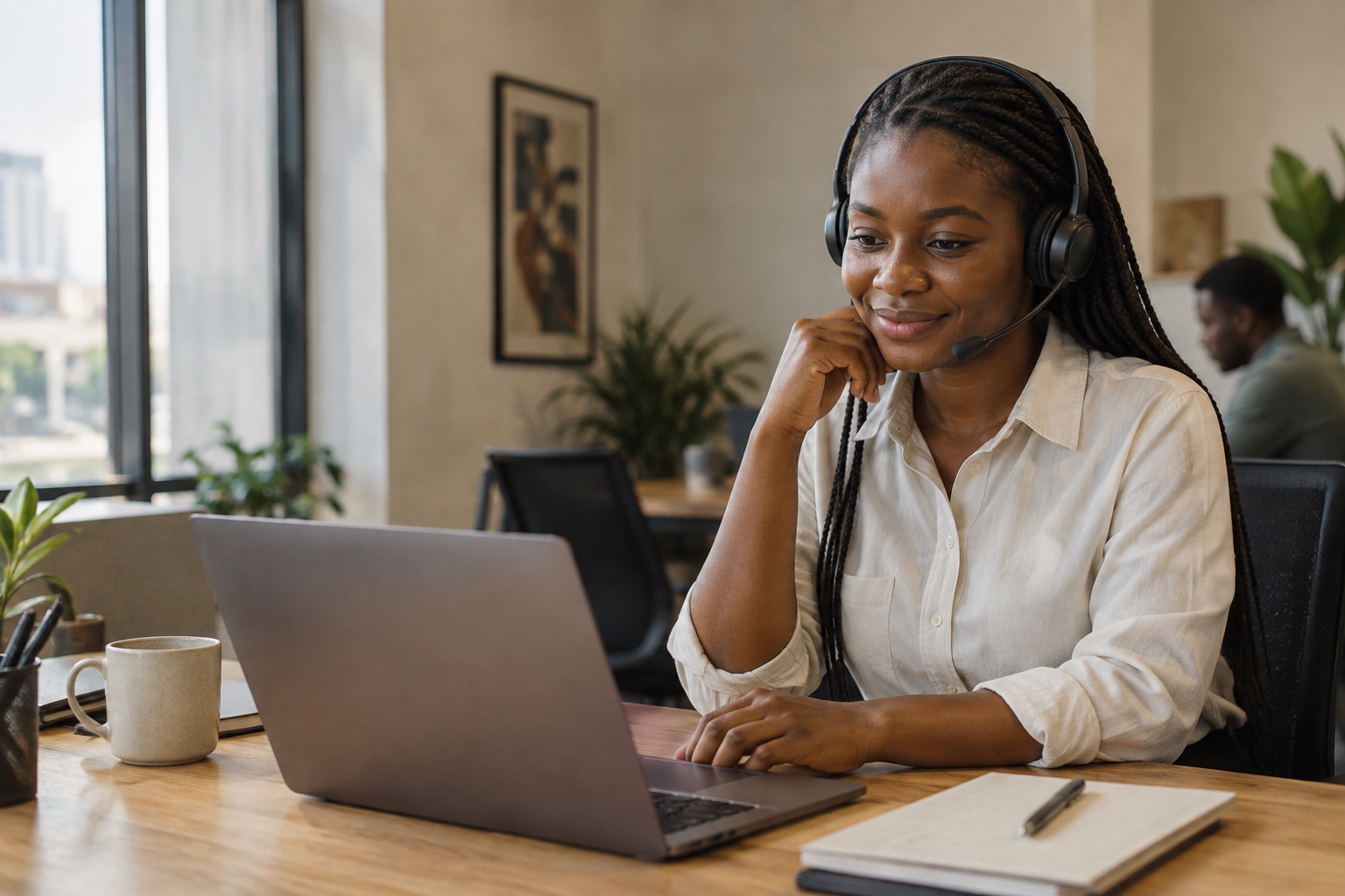 A support specialist listening to a caller at her desk